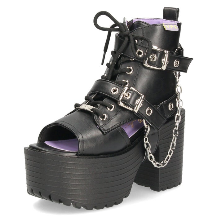 サンダル レディース 厚底 ブーツサンダル 幅広 ３E 黒 ヨースケ 靴 YOSUKE 4450035 ブラック タンクソール チャンキーヒール チェーンベルト レースアップ 2WAY　