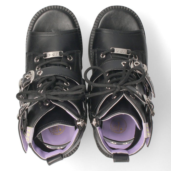 サンダル レディース 厚底 ブーツサンダル 幅広 ３E 黒 ヨースケ 靴 YOSUKE 4450035 ブラック タンクソール チャンキーヒール チェーンベルト レースアップ 2WAY　