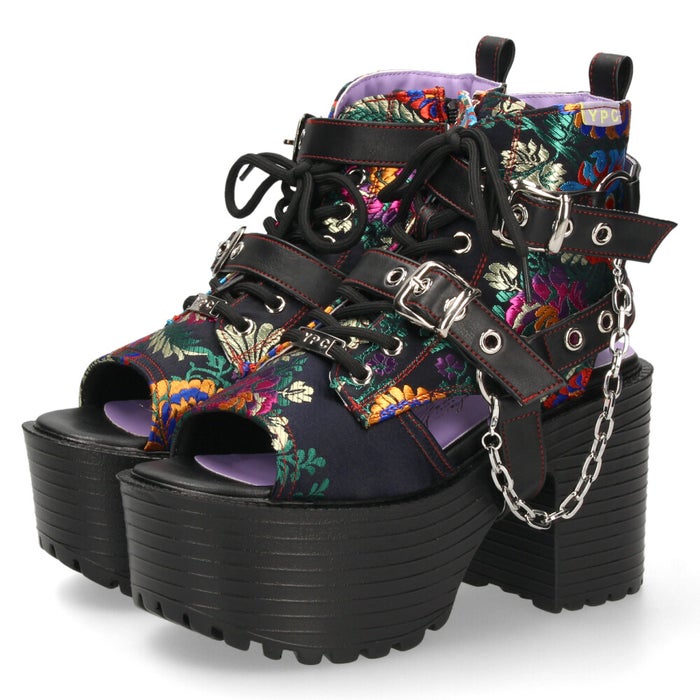 サンダル レディース 厚底 ブーツサンダル 幅広 ３E 黒 ヨースケ 靴 YOSUKE 4450035 ブラック タンクソール チャンキーヒール チェーンベルト レースアップ 2WAY　