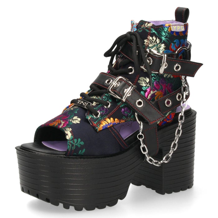 サンダル レディース 厚底 ブーツサンダル 幅広 ３E 黒 ヨースケ 靴 YOSUKE 4450035 ブラック タンクソール チャンキーヒール チェーンベルト レースアップ 2WAY　