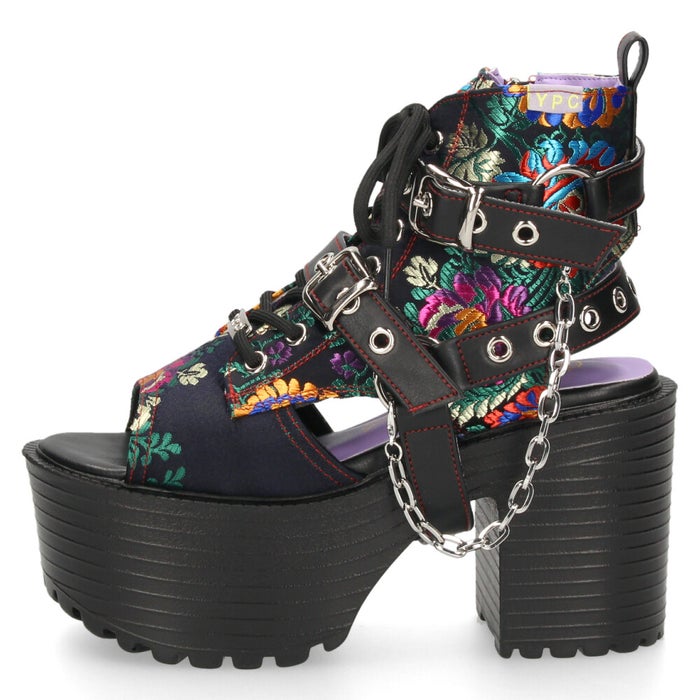 サンダル レディース 厚底 ブーツサンダル 幅広 ３E 黒 ヨースケ 靴 YOSUKE 4450035 ブラック タンクソール チャンキーヒール チェーンベルト レースアップ 2WAY　