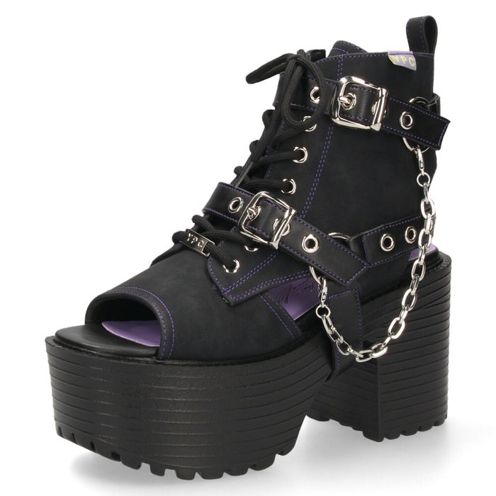 サンダル レディース 厚底 ブーツサンダル 幅広 ３E 黒 ヨースケ 靴 YOSUKE 4450035 ブラック タンクソール チャンキーヒール チェーンベルト レースアップ 2WAY　