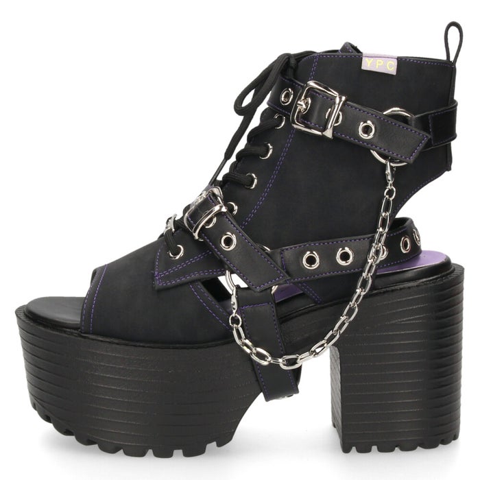 サンダル レディース 厚底 ブーツサンダル 幅広 ３E 黒 ヨースケ 靴 YOSUKE 4450035 ブラック タンクソール チャンキーヒール チェーンベルト レースアップ 2WAY　