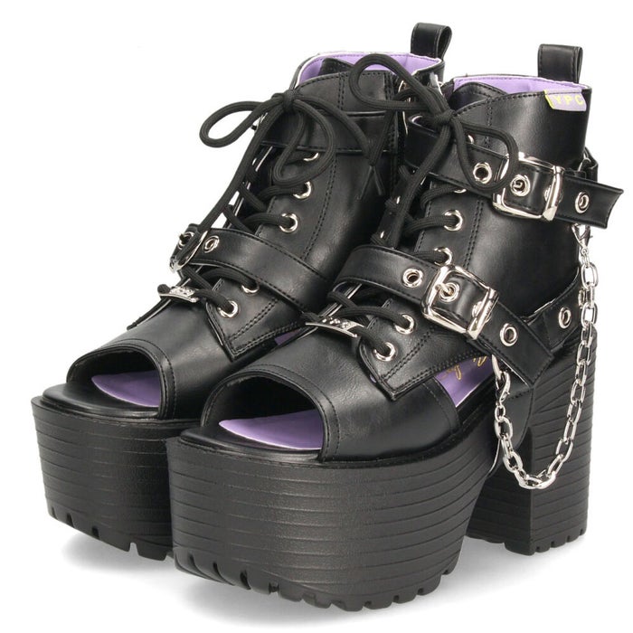 サンダル レディース 厚底 ブーツサンダル 幅広 ３E 黒 ヨースケ 靴 YOSUKE 4450035 ブラック タンクソール チャンキーヒール チェーンベルト レースアップ 2WAY　