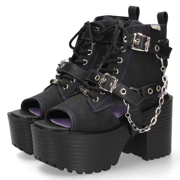 サンダル レディース 厚底 ブーツサンダル 幅広 ３E 黒 ヨースケ 靴 YOSUKE 4450035 ブラック タンクソール チャンキーヒール チェーンベルト レースアップ 2WAY　