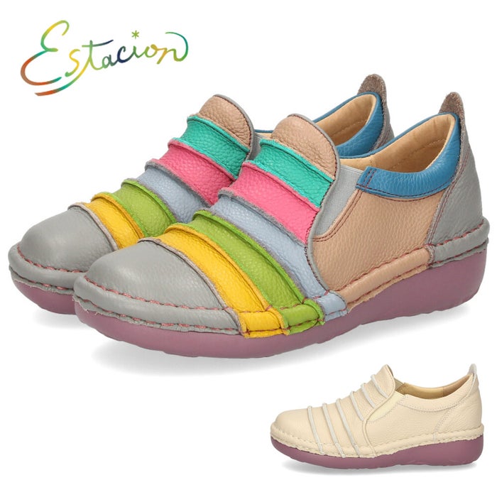 Estacion エスタシオン ボーダースリッポンシューズ レディース 靴 スリッポン 本革 サイドゴア 履きやすい 歩きやすい 疲れにくい MS25