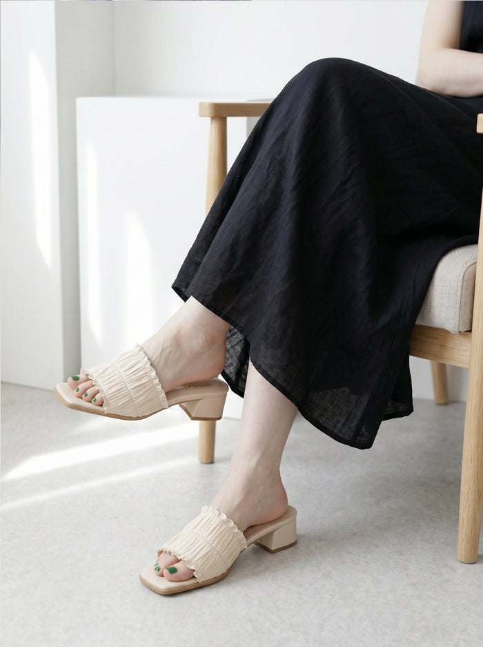 サンダル ミュール レディース ヒール 疲れない キレイめ おしゃれ かわいい ローヒール フリル リボン 歩きやすい 履きやすい 軽量 6052 Parade