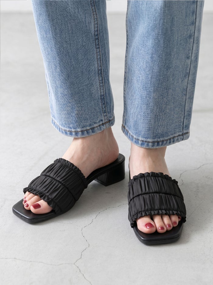 サンダル ミュール レディース ヒール 疲れない キレイめ おしゃれ かわいい ローヒール フリル リボン 歩きやすい 履きやすい 軽量 6052 Parade