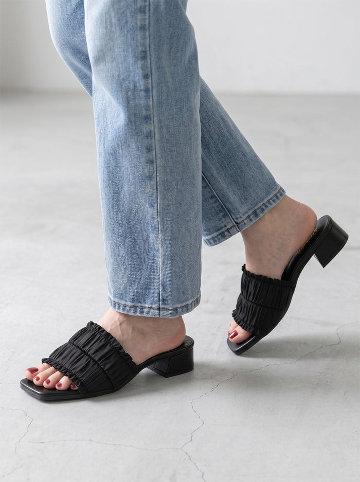 サンダル ミュール レディース ヒール 疲れない キレイめ おしゃれ かわいい ローヒール フリル リボン 歩きやすい 履きやすい 軽量 6052 Parade