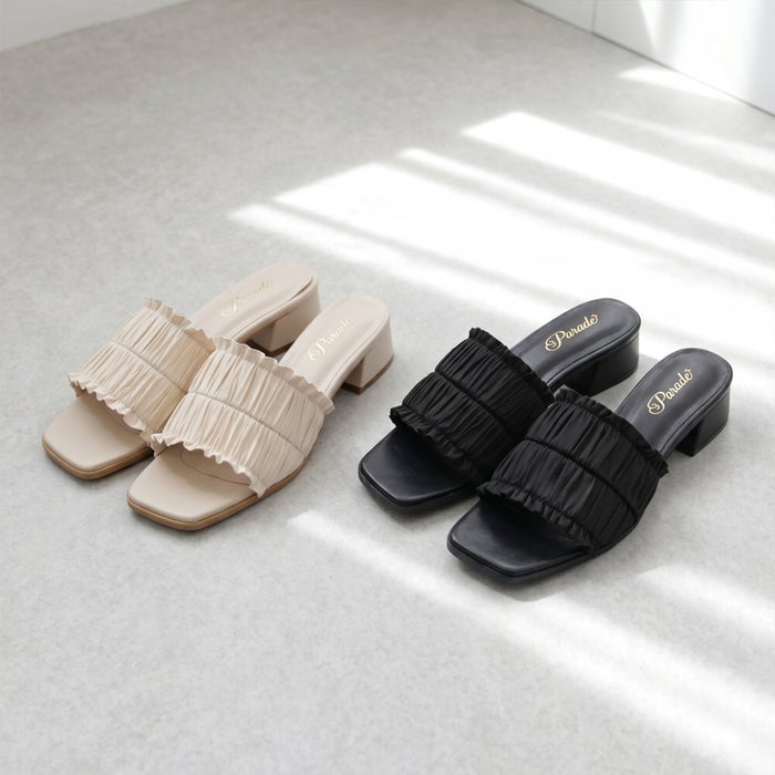 サンダル ミュール レディース ヒール 疲れない キレイめ おしゃれ かわいい ローヒール フリル リボン 歩きやすい 履きやすい 軽量 6052 Parade