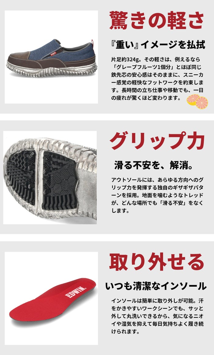セーフティーシューズ EDWIN エドウィン メンズ ESM-107D ESM-108D 鉄芯入り 軽量 作業靴 ワークシューズ スニーカー ローカット  紐 スリッポン デニム ブラックデニム 軽作業