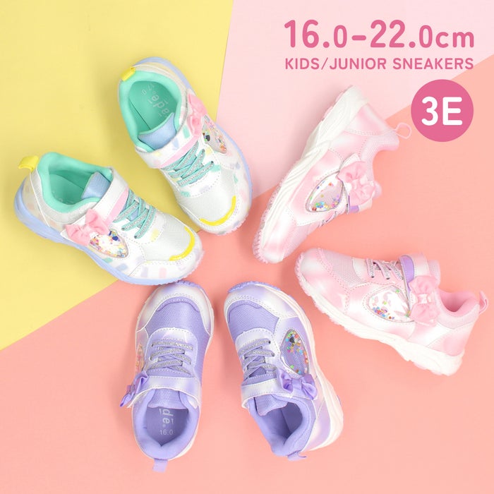 キッズ スニーカー 女の子 かわいい キラキラ リボン 子供靴 ジュニア 軽量 幅広 3E ベルクロ ゴム紐 ハート スパンコール パレード 66102 Parade