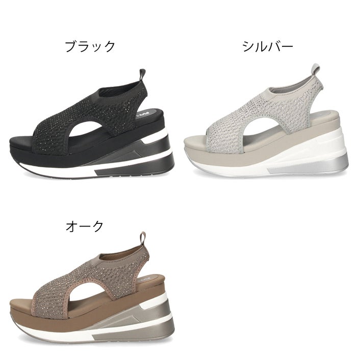 スポーツサンダル レディース ウェッジソール 厚底 靴 伸縮 幅広対応 甲高対応 キラキラニット MUUM 5275 ブラック 黒