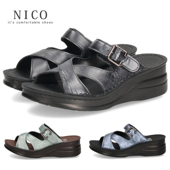 サンダル レディース つっかけ 疲れない 歩きやすい クッション 本革 日本製 NICO ニコ 40403 黒 ブラック グリーン ブルー