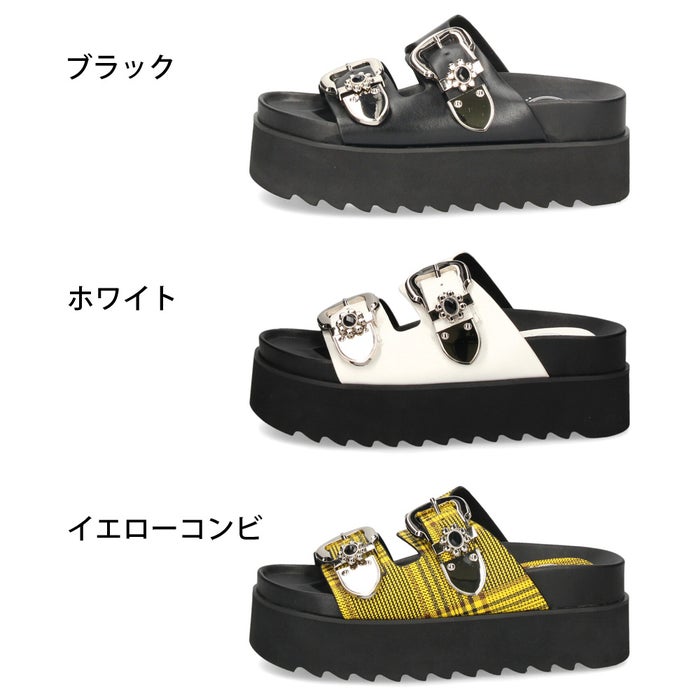 ヨースケ 厚底 サンダル レディース ミュール ビジュー バックル 2本ベルト 歩きやすい 3E チェック柄 靴 YOSUKE 3900004