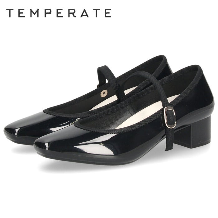 TEMPERATE テンパレイト CANNON キャノン レインシューズ レディース 完全防水 ストラップ付きヒールパンプス スクエアトゥ 3.5cmヒール 歩きやすい 滑りにくい 光沢感