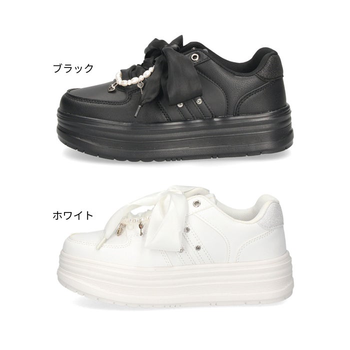 厚底スニーカー レディース ジュニア ガールズ 女の子 靴 厚底リボンガーリースニーカー リボン サテン チャーム 2WAY 厚底 軽量 ガーリー 韓国風 KewKew 2464 キューキュー