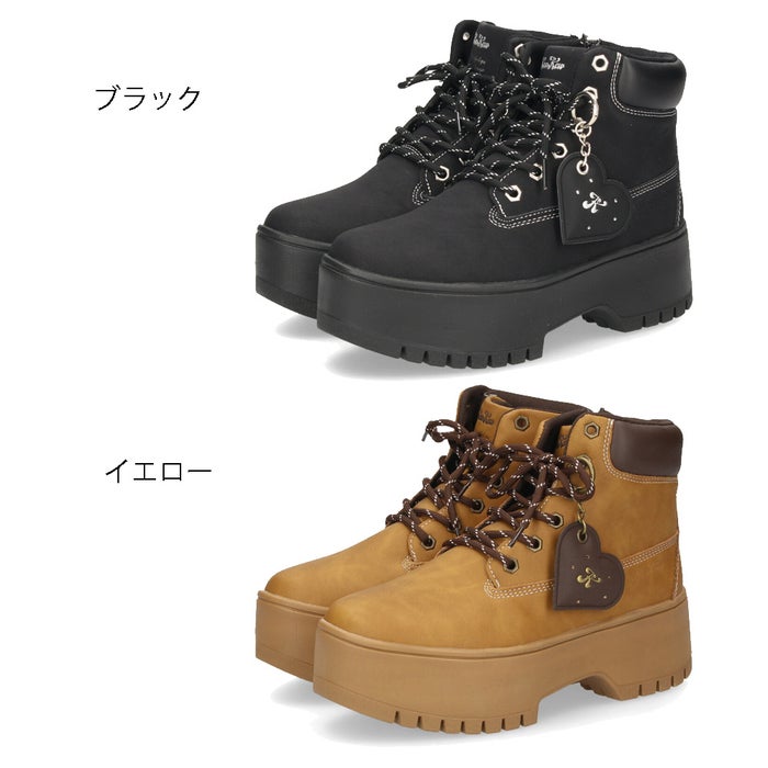 ショートブーツ レディース ジュニア ガールズ 軽量 厚底 ハートチャーム ２WAY レースアップ 紐 スタイルアップ キューキュー KewKew 2463 ブラック イエロー かわいい