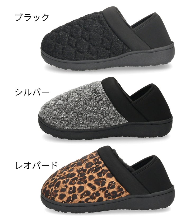 MEI メイ モックシューズ レディース SHL-263003 SHL-263002 キルティング ラメ レオパード ヒョウ柄 ボア スリッポン かかとが踏める 2WAY あったか スリッパ サボ シューズ ブラック シルバー 秋冬